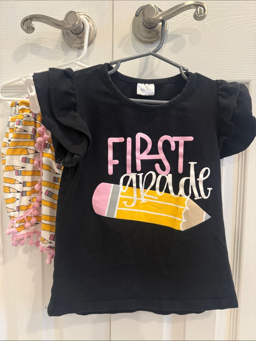 Girls Black "First Grade" Pencil Graphic Tee and Shorts
